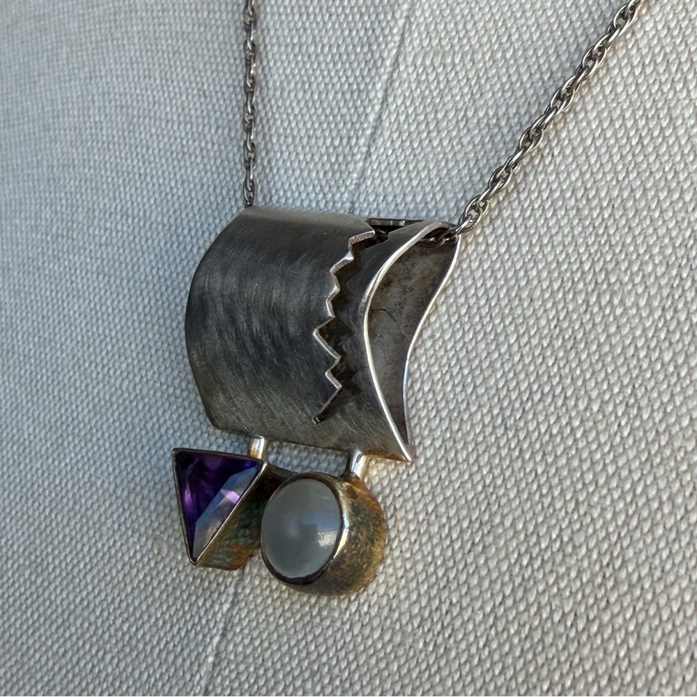 WRE Vintage Artisan Abstract Modernist Amethyst White Stone 925 Pendant Necklace - Picture 11 of 15